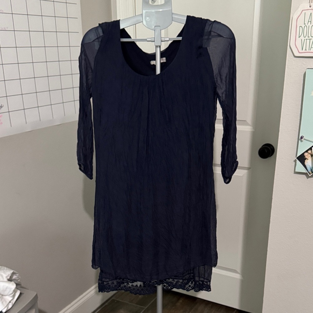 Prontomoda Giusy Navy Blue Midi Silk Dress